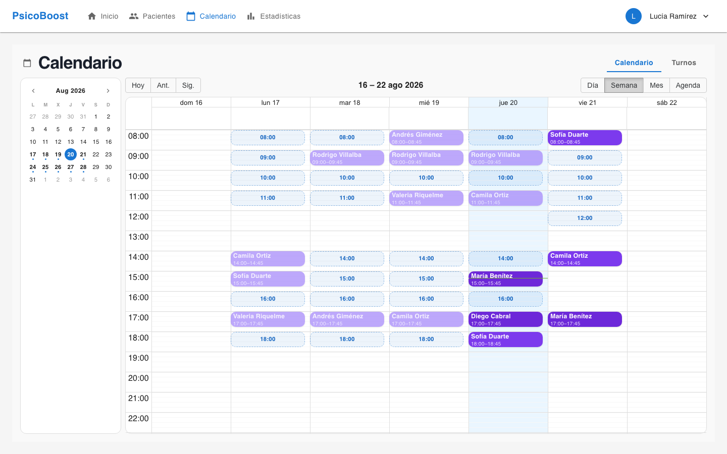 Vista semanal del calendario, con las sesiones agendadas, los horarios libres para reservar y un turno pendiente de confirmar.