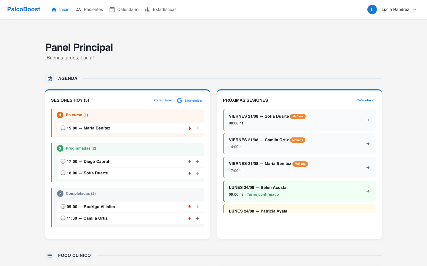 Panel principal de PsicoBoost: la agenda del día con las sesiones en curso, completadas y programadas.