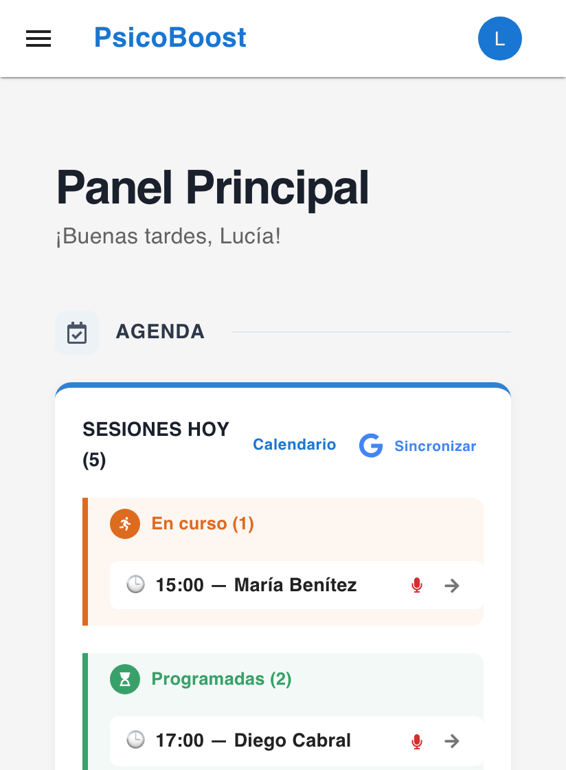 El panel principal de PsicoBoost en un teléfono.